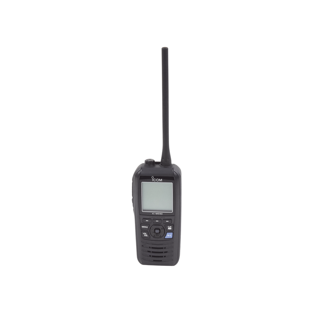 Radio portátil marino flotante con receptor AIS y GPS incluido, Tx: 156.025-157.425 MHz Rx: 156.050-163.275 MHz, opera en canales INT, USA, CAN, WX, Incluye antena, batería, cargador, cable de encendedor y clip.