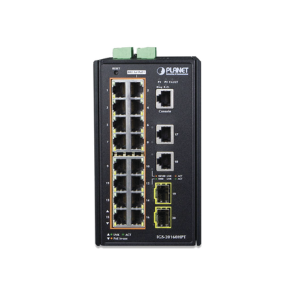 Switch Industrial Administrable 16 puertos 10/100/1000 T 802.3at PoE + 2 Puertos 10/100/1000 T + 2 puertos 100/1000 X SFP