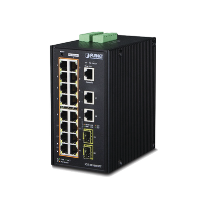 Switch Industrial Administrable 16 puertos 10/100/1000 T 802.3at PoE + 2 Puertos 10/100/1000 T + 2 puertos 100/1000 X SFP