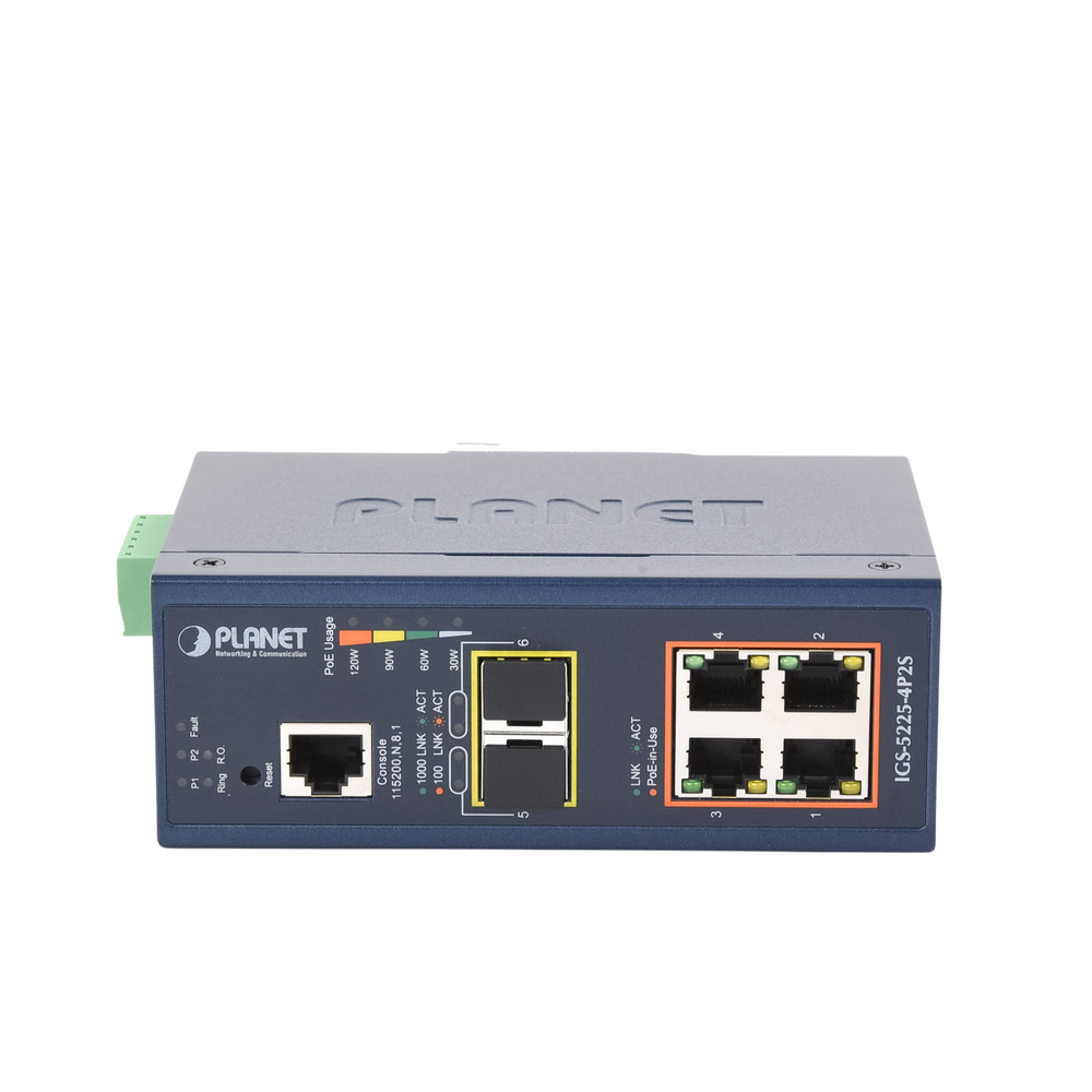 Switch Industrial Administrable Capa 2, 4 Puertos PoE 802.3af/at 10/100/1000T, 2 Puertos SFP 100/1000X