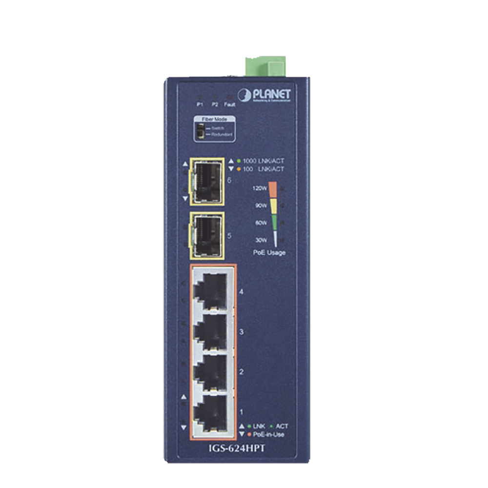 Switch PoE Industrial No Administrable de 4 Puertos PoE 10/100/1000T 802.3at, 2 Puertos SFP 10/1000X