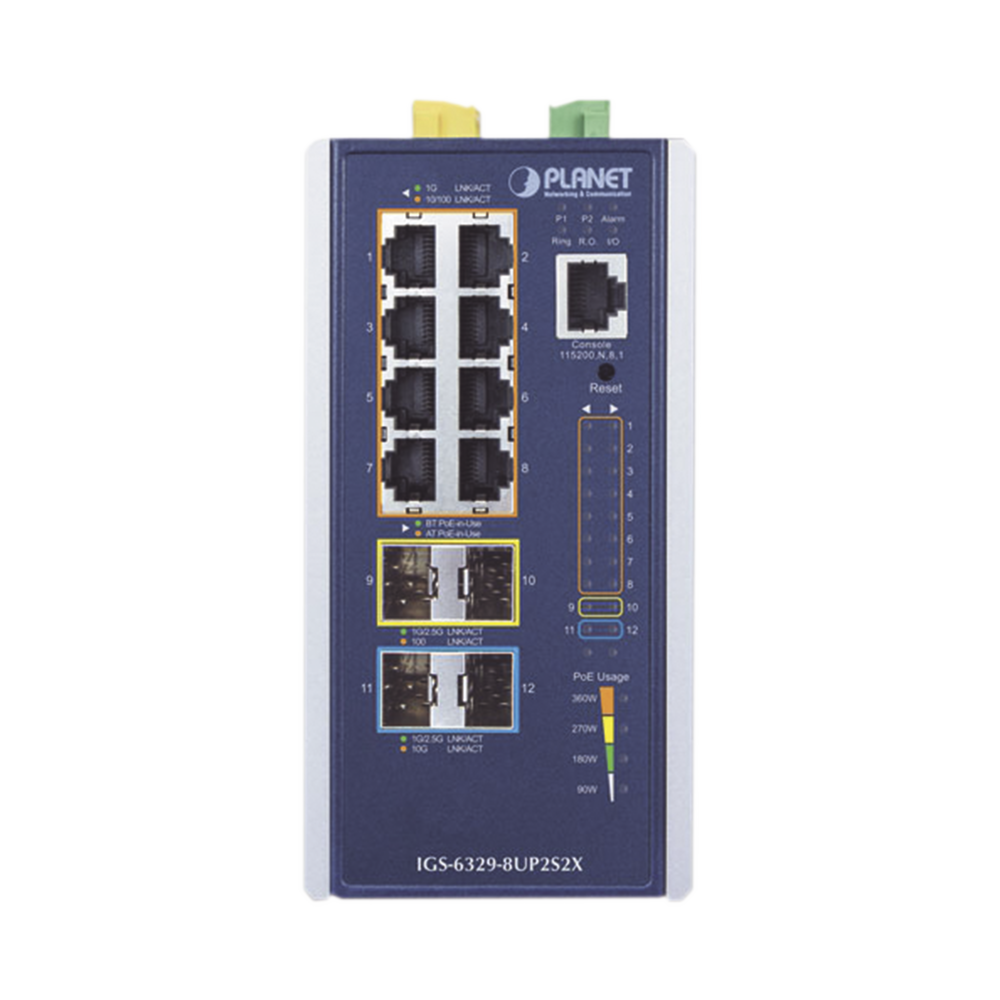 Switch Industrial Administrable Capa 3, Con 8 Puertos PoE Gigabit 802.3bt, 2 Puertos SFP de 1 G / 2.5 G, 2 Puertos SFP 10 G