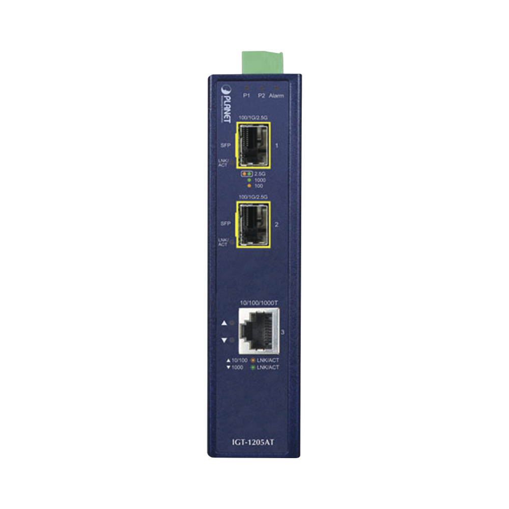 Convertidor de Medios Industrial de 1 Puerto Ethernet 10/100/1000 Base-T a 2 Puertos SFP 100/1000/2500 Base-X