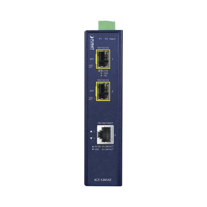Convertidor de Medios Industrial de 1 Puerto Ethernet 10/100/1000 Base-T a 2 Puertos SFP 100/1000/2500 Base-X