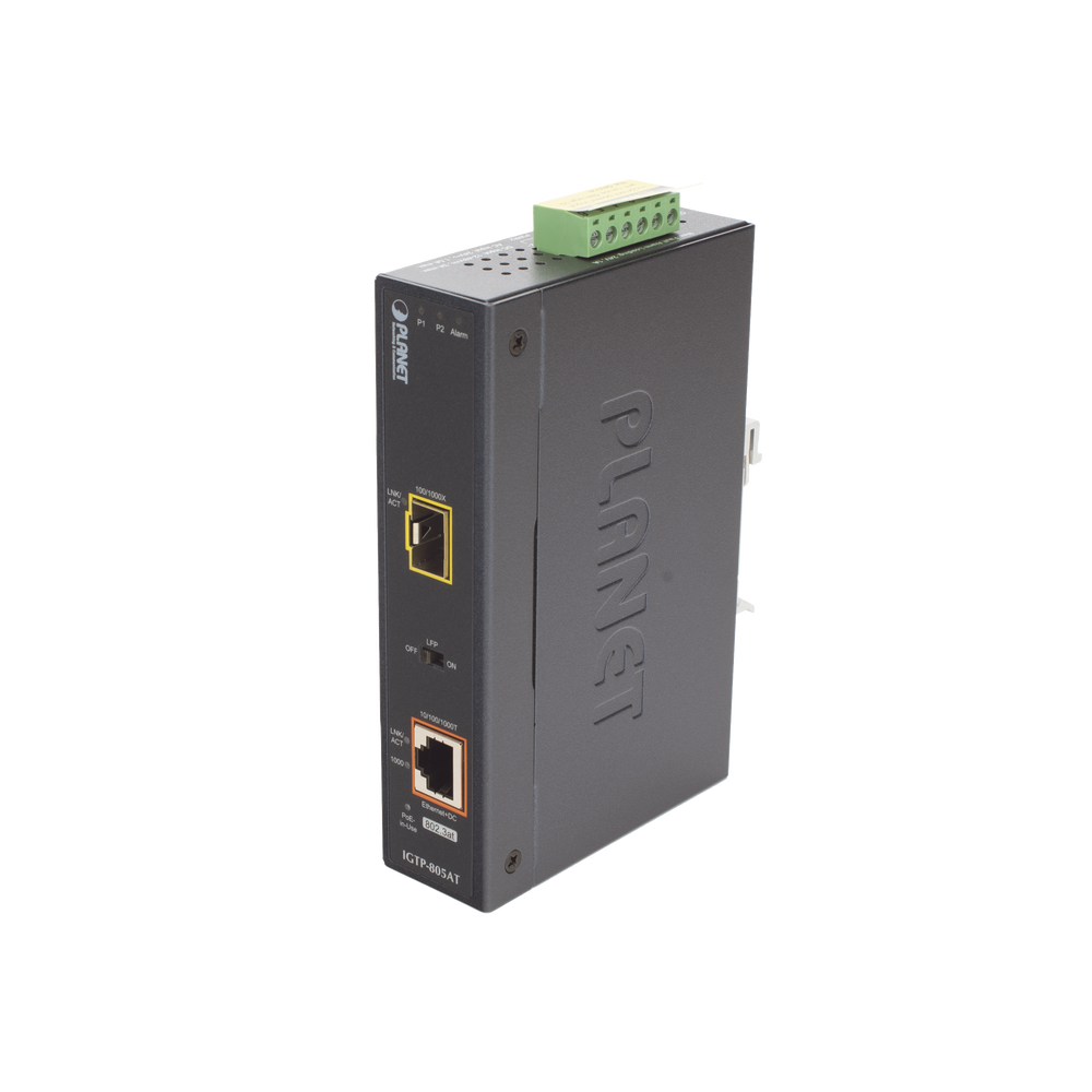 Convertidor de Medios PoE Industrial, Puerto SFP 1000BASE-SX/LX a Puerto RJ45 Gigabit con Salida PoE 802.3at (Hasta 30 W).