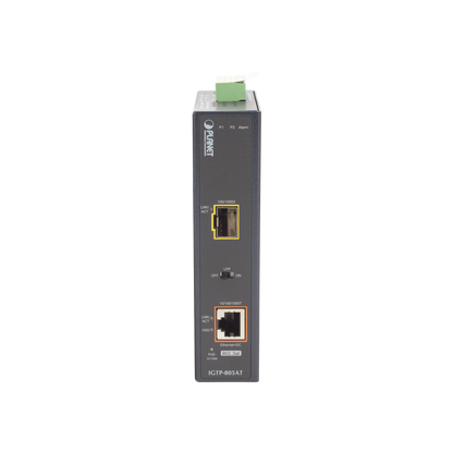 Convertidor de Medios PoE Industrial, Puerto SFP 1000BASE-SX/LX a Puerto RJ45 Gigabit con Salida PoE 802.3at (Hasta 30 W).