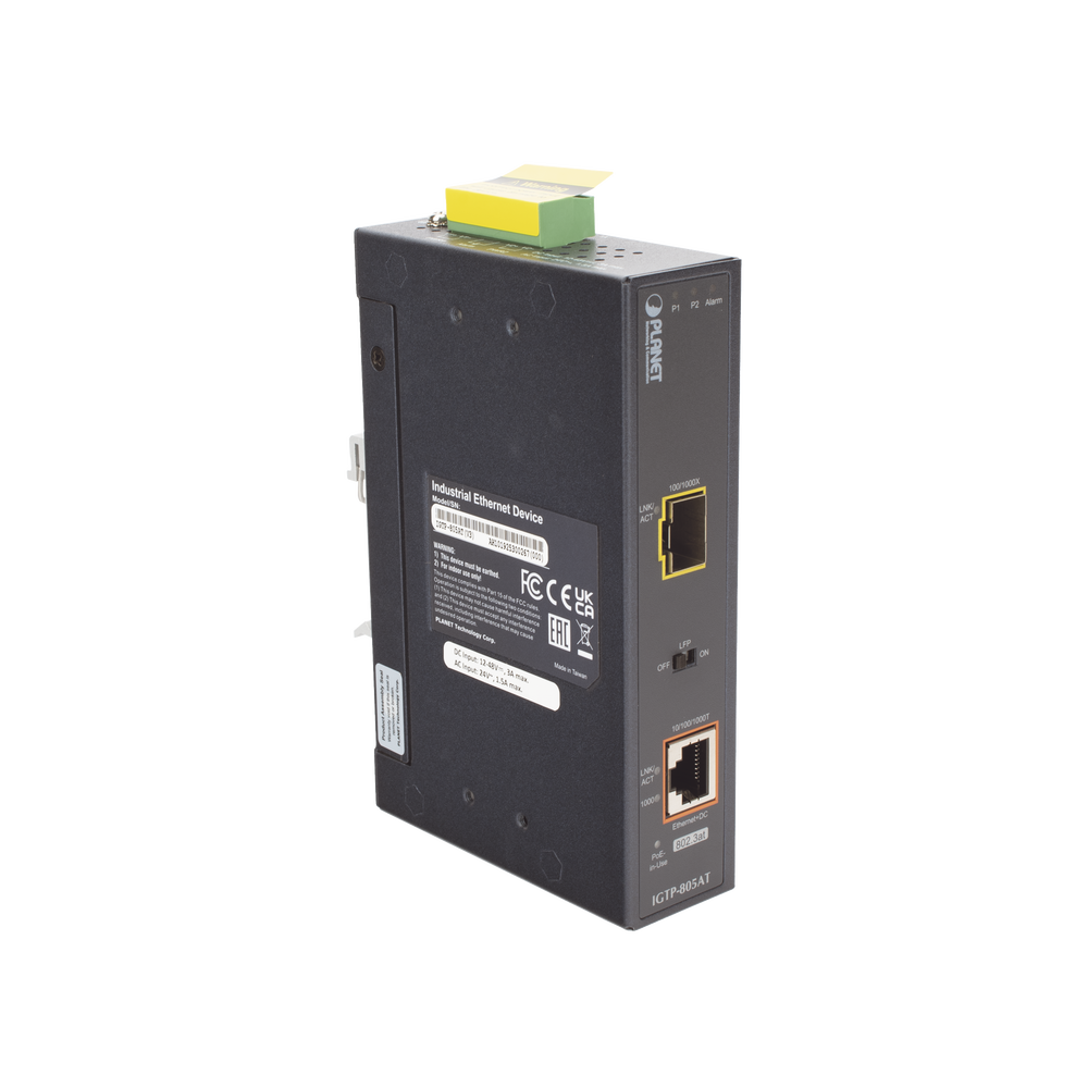 Convertidor de Medios PoE Industrial, Puerto SFP 1000BASE-SX/LX a Puerto RJ45 Gigabit con Salida PoE 802.3at (Hasta 30 W).