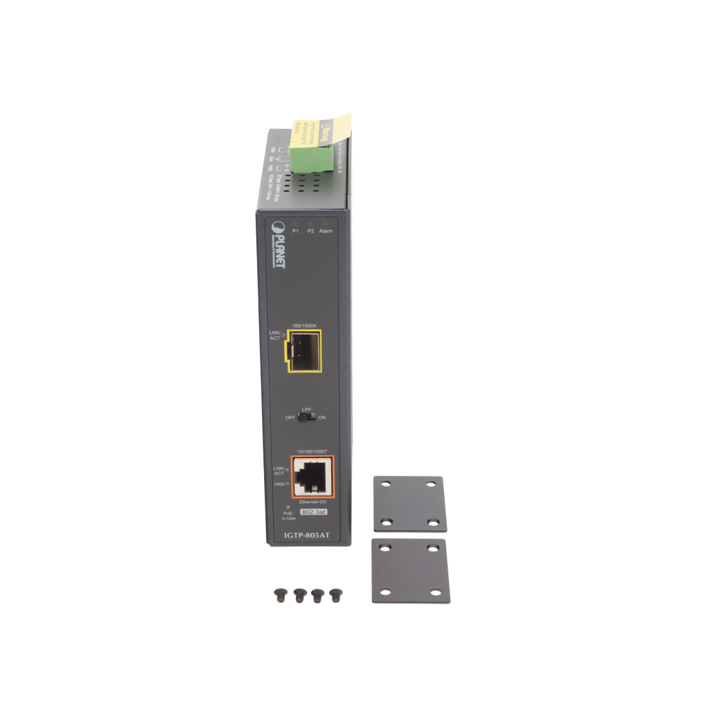 Convertidor de Medios PoE Industrial, Puerto SFP 1000BASE-SX/LX a Puerto RJ45 Gigabit con Salida PoE 802.3at (Hasta 30 W).