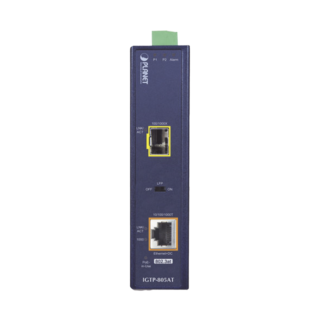 Convertidor de Medios PoE Industrial, Puerto SFP 1000BASE-SX/LX a Puerto RJ45 Gigabit con Salida PoE 802.3at (Hasta 30 W).