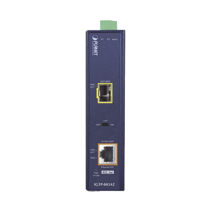 Convertidor de Medios PoE Industrial, Puerto SFP 1000BASE-SX/LX a Puerto RJ45 Gigabit con Salida PoE 802.3at (Hasta 30 W).