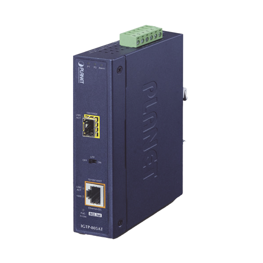 Convertidor de Medios PoE Industrial, Puerto SFP 1000BASE-SX/LX a Puerto RJ45 Gigabit con Salida PoE 802.3at (Hasta 30 W).