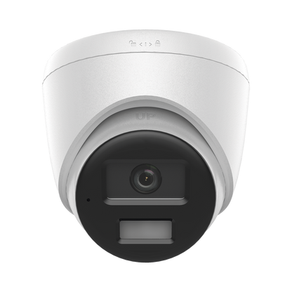 [Dual Light] Turret IP de 2 Megapixel   / Lente 2.8 mm /  Ángulo de visión 101° / 20 mts IR + 15 mts Luz Blanca / Micrófono Integrado / ACUSENSE Lite /  Exterior IP67 / PoE / dWDR / H.265+ / ONVIF