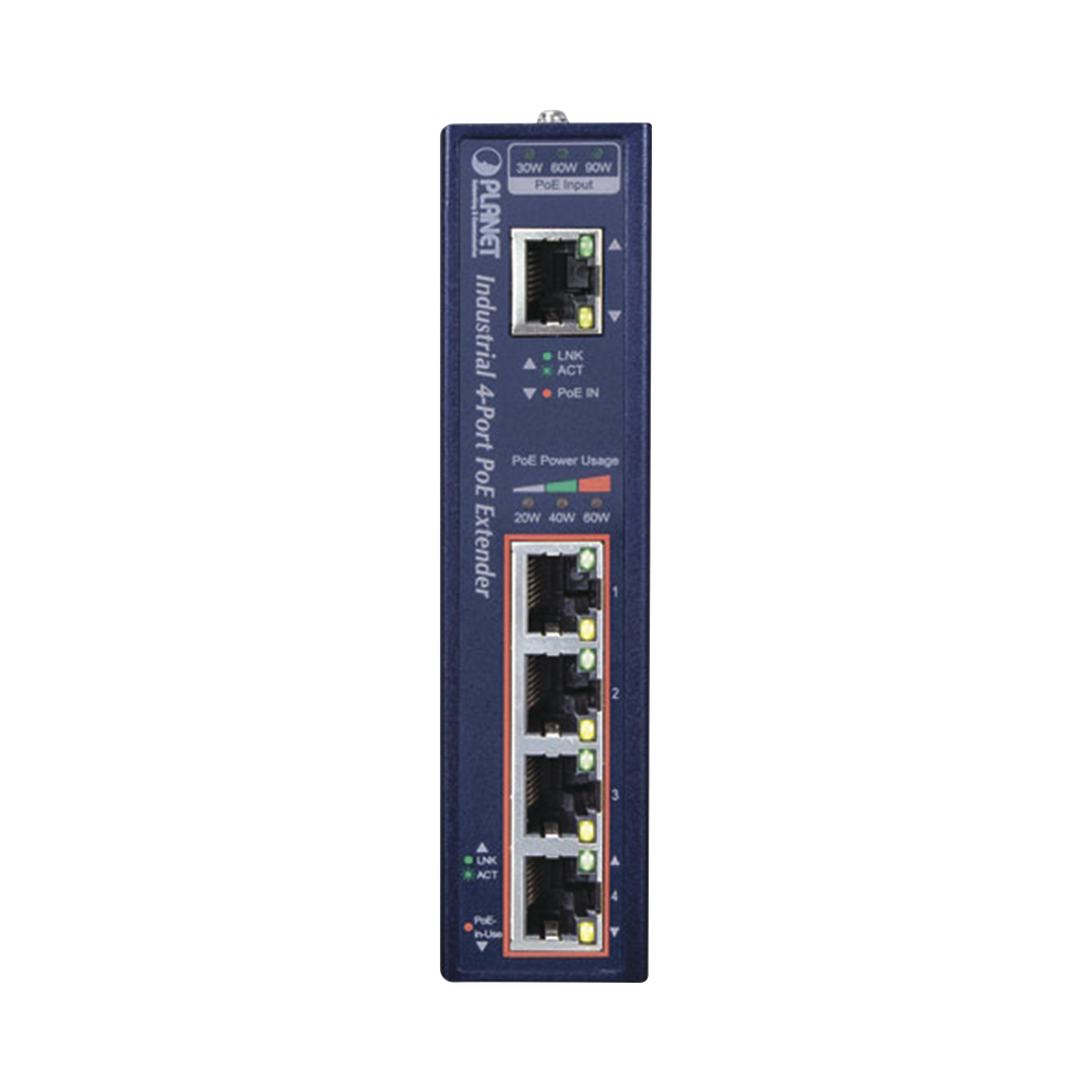 Extensor Industrial PoE, Entrada PoE 802.3 bt  y 4 Puertos de Salida Gigabit 802.3 af/at