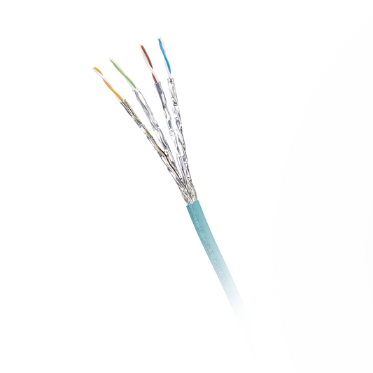 Bobina de Cable Blindado S/FTP Categoría 6A, Uso Industrial con Resistencia al Aceite, Rayos UV y Abrasión, Multifilar (Flexible), Color Azul Cerceta, Bobina de 500 Metros (1640 Pies)