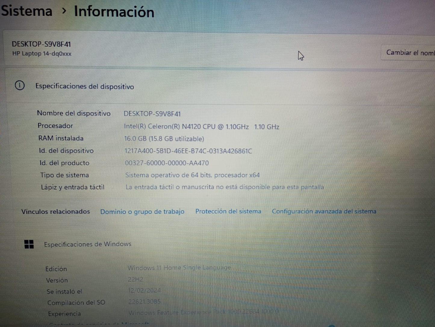 Laptop HP Intel(R) Celeron(R) N4120 16GB Ram Disco Solido 256GB 8 NUCLEOS