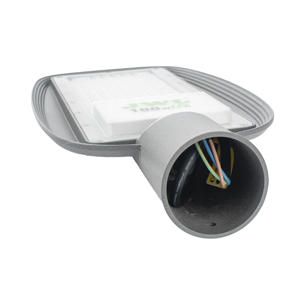 Luminaria LED  de 100 W / 100 - 265 V CA~50/60 Hz / Fotocelda  / Color Blanco/ Dimensiones 200 x 465 x 78 mm / Ángulo de Luz 135°.