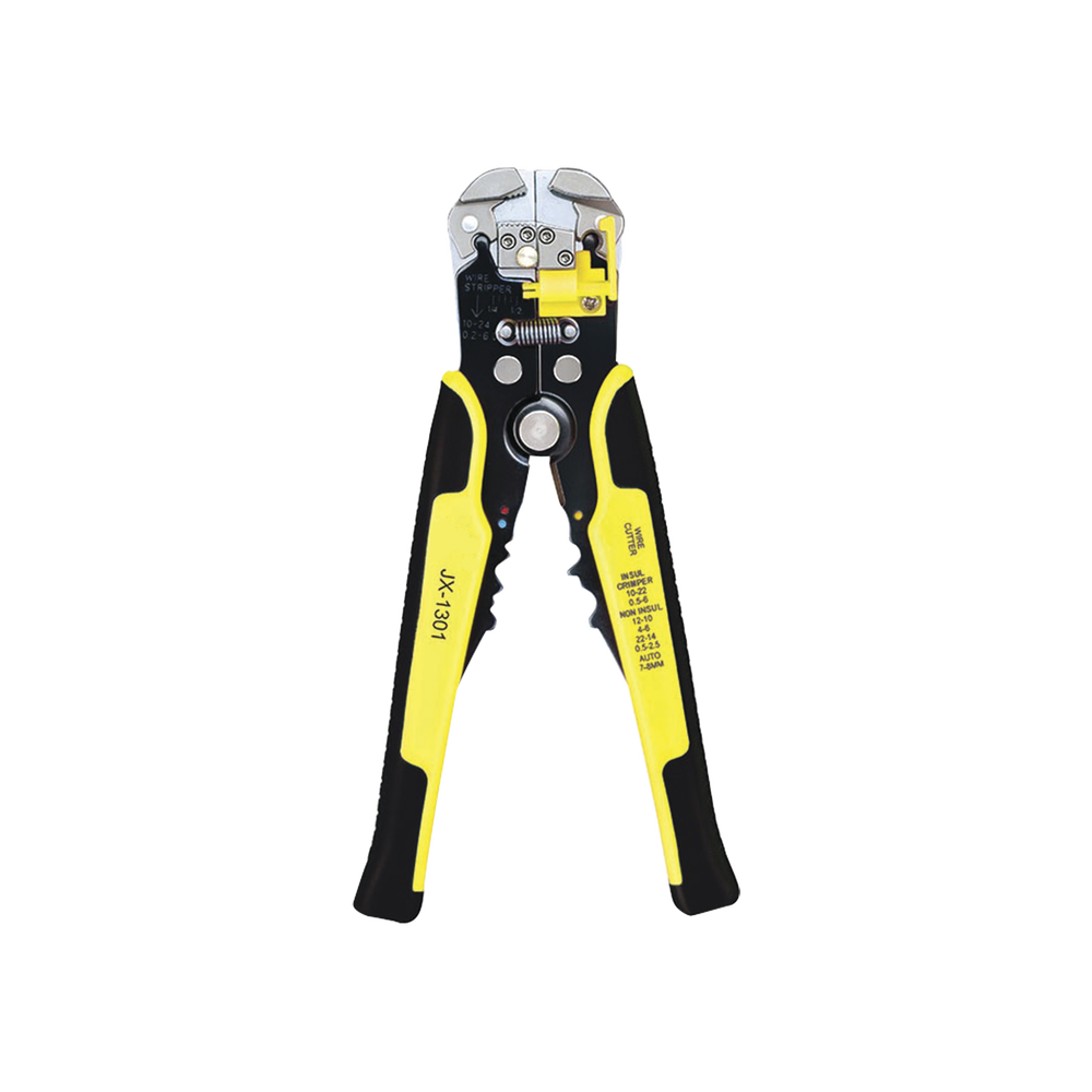 Pinza multifuncional Pelacables, con terminal de pestaña, prensado automático de color amarillo.