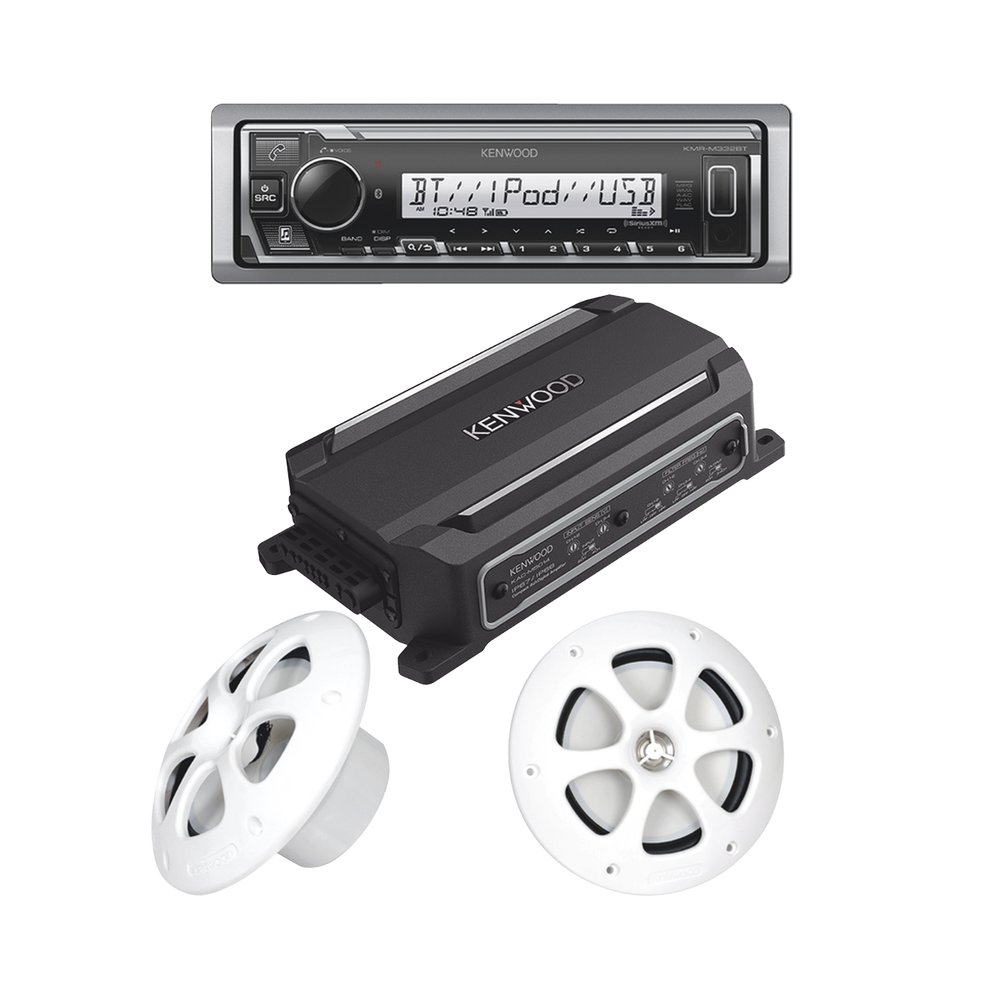 Kit de estereo con Bluetooth KMR-M332BT | Amplificador KAC-M5014  | mas Par de bocinas KFC-1613MRW