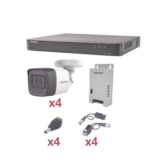 KIT TurboHD 1080p / DVR 4 Canales / 4 Cámaras Bala (exterior 2.8 mm) / Transceptores / Conectores / Fuente de Poder Profesional