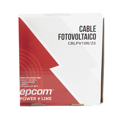 Kit de 2 rollos de 25 metros de cable fotovoltaico de cobre, rojo y negro, calibre 10 AWG (6mm²), Tipo PV,  1000/2000 V y 120°C.