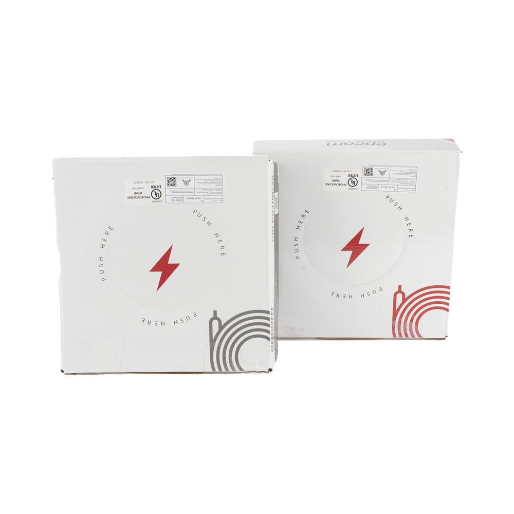 Kit de 2 rollos de 25 metros de cable fotovoltaico de cobre, rojo y negro, calibre 10 AWG (6mm²), Tipo PV,  1000/2000 V y 120°C.