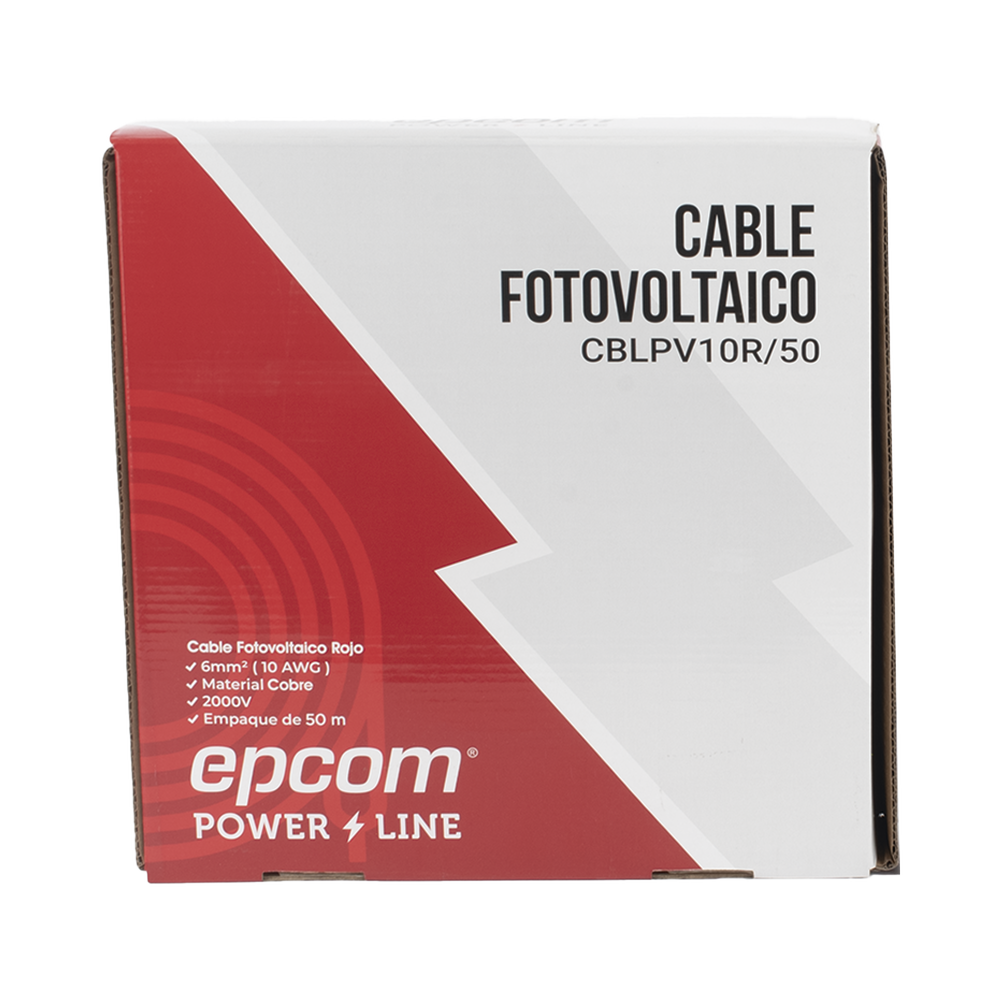 Kit de 2 rollos de 50 metros de cable fotovoltaico de cobre, rojo y negro, calibre 10 AWG (6mm²), Tipo PV,  1000/2000 V y 120°C.