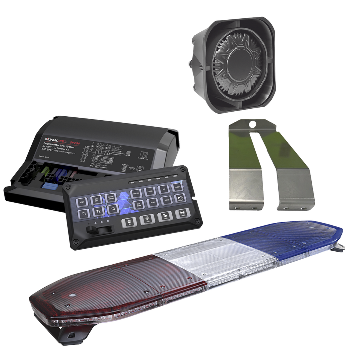 Kit de Sirena, Bocina y Torreta de 48", Con 216 LEDs, Dual Color, Frente: Rojo/Blanco, Azul/Blanco, Trasero: Rojo/Ámbar, Azul/Ámbar