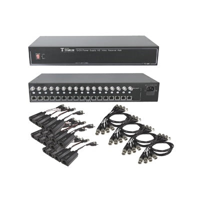 Kit de 16 canales para transmisión de ALIMENTACION ( de 36 Vcc a 12 Vcc) y video (HD-TVI) a distancias de hasta 250 m.