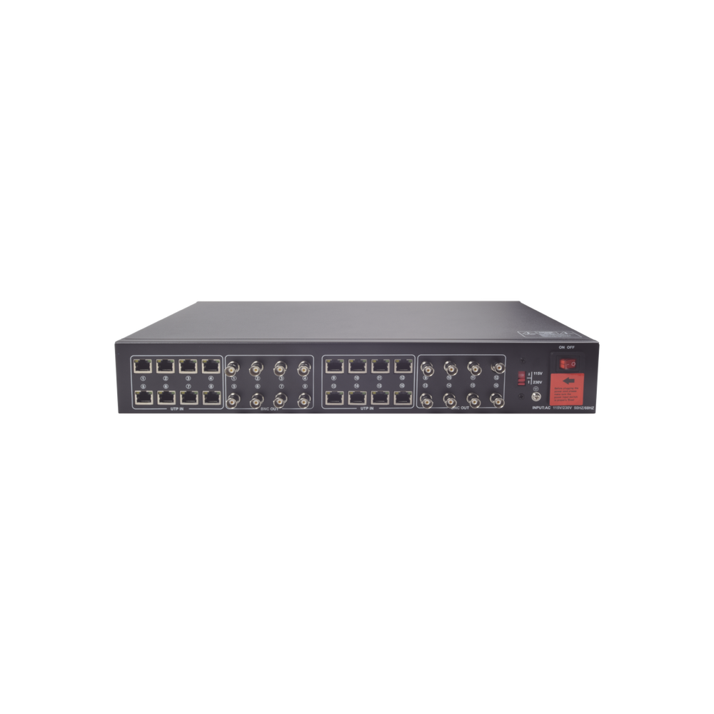 Kit de TRANSCEPTOR ACTIVO DE 16 Canales / VIDEO+PODER en un solo Cable UTP / 150m en 4K, 200m en 5 MP/ Envía 36 Vcc y recibe 12 Vcc / TODO INCLUIDO PARA RACK / Compatible con cámaras HD-TVI/CVI/AHD/CVBS / Instalación Limpia