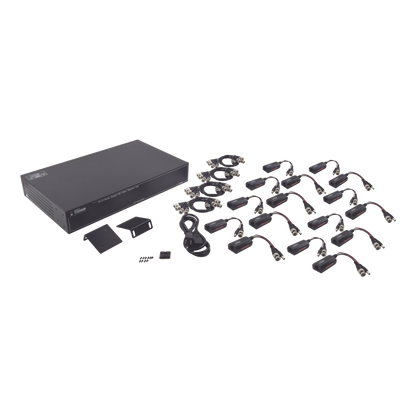 Kit de TRANSCEPTOR ACTIVO DE 16 Canales / VIDEO+PODER en un solo Cable UTP / 150m en 4K, 200m en 5 MP/ Envía 36 Vcc y recibe 12 Vcc / TODO INCLUIDO PARA RACK / Compatible con cámaras HD-TVI/CVI/AHD/CVBS / Instalación Limpia