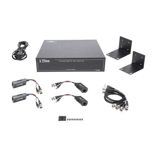 Kit de TRANSCEPTOR ACTIVO DE 4 CANALES / VIDEO+PODER en un solo Cable UTP / 150 metros en 4K, 200 metros en 5 MP/ Envía 36 Vcc y Recibe 12 Vcc / TODO INCLUIDO PARA RACK / Compatible con cámaras HD-TVI/CVI/AHD/CVBS / INSTALACIÓN LIMPIA