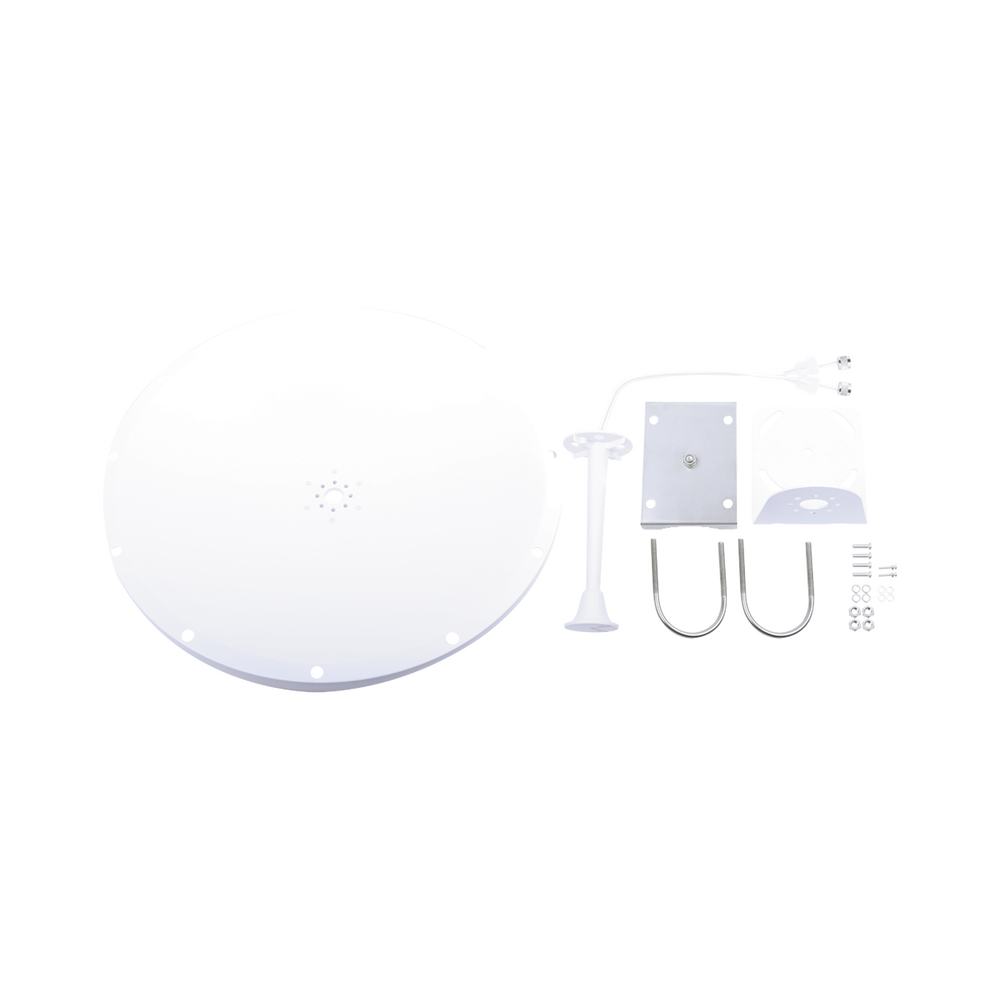 Kit de Antena y radomo, ganancia de  28 dBi, rango de frecuencia extendida (4.9 a 6.5 GHz), conectores N-Macho, incluye jumper, distancia de hasta 15 km