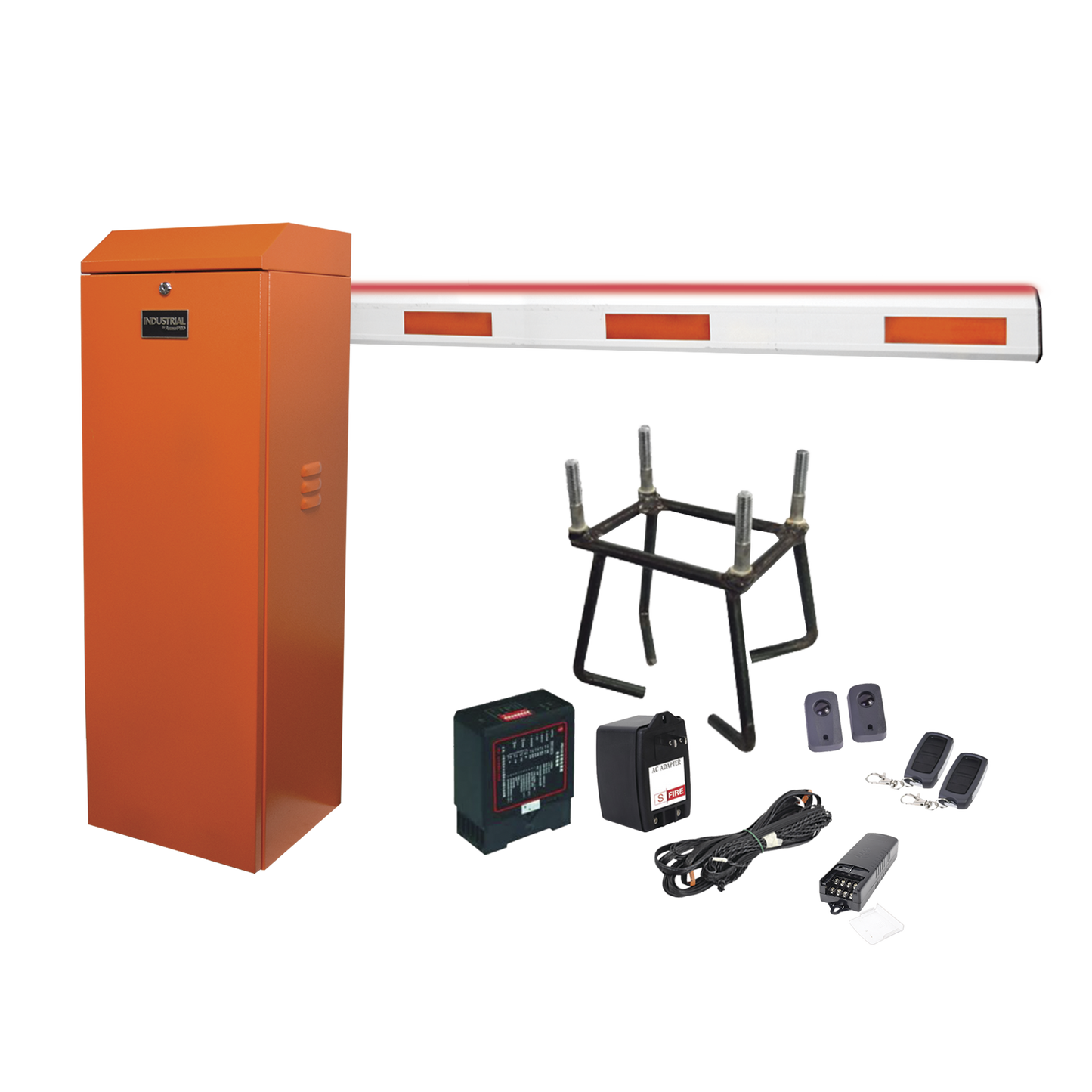 Kit completo Barrera Derecha XB Naranja / Brazo de 3 m con Iluminación LED Rojo-Verde / Incluye: sensor de masa, transformador, lazo, ancla, fotoceldas y 2 controles inalámbricos