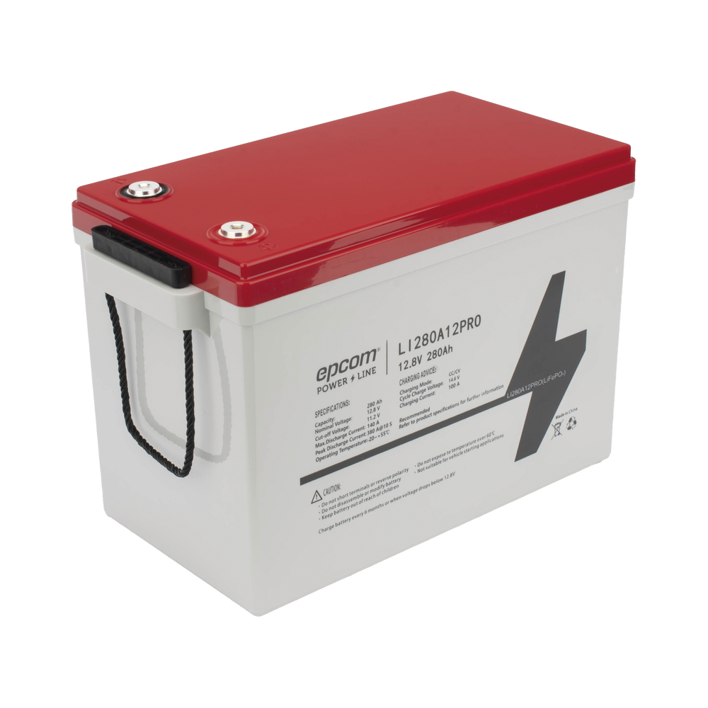 Batería de Litio Ciclo Profundo / 12.8 Vcc 280Ah (3.58 kWh) / LiFePO4 / 6000 Ciclos / Descarga 140A / Carga Rápida 100A / Solar y Marina / BMS con Corte a 11.2V