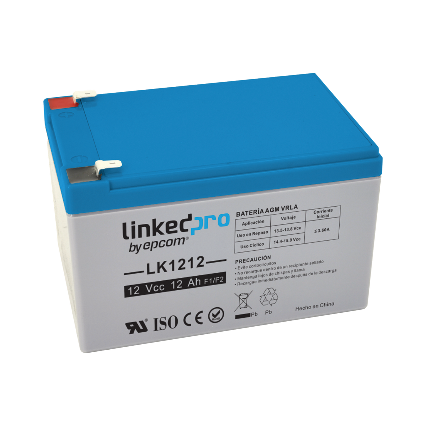 Batería 12 V / 12 Ah / UL / Tecnología AGM-VRLA / Vida útil promedio de 5 años / Uso en equipo electrónico / Intrusión / Incendio/ Control de acceso / Video Vigilancia / Terminales F1 ( Incluye adaptador F2 )