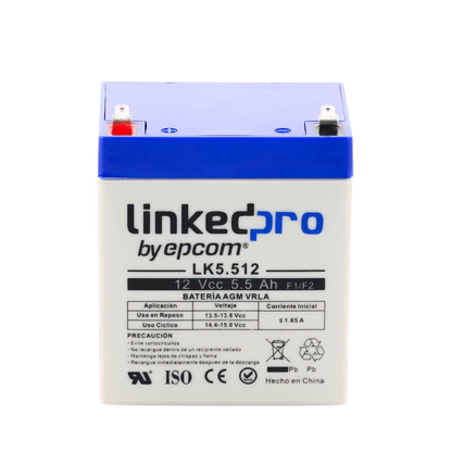Batería de respaldo 12 V  |  5.5 Ah  |  AGM | Especial para Seguridad Electrónica | UPS | Sistemas de Emergencia  | Vida útil 5 años | Terminales F1  + Adaptador F2