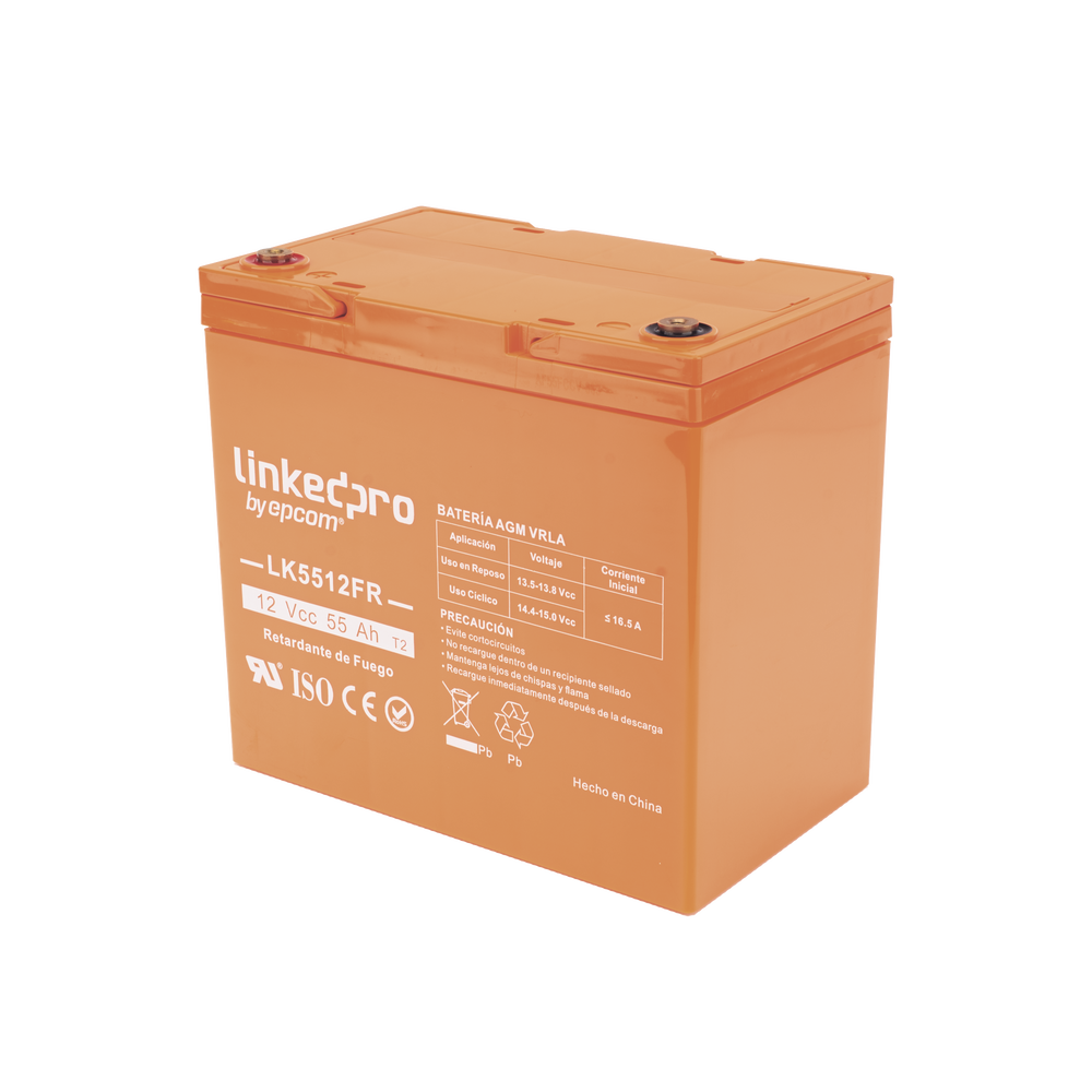 Batería de respaldo  12 V | 55 Ah | AGM | Certificada UL94-V0 Retardante a la Flama | Especial para Seguridad Electrónica | UPS  | Sistemas de emergencia | Vida útil 5 años | Terminales T2