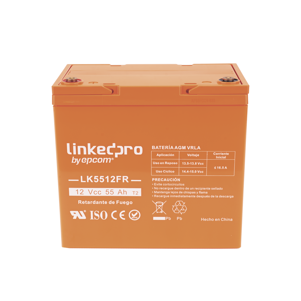 Batería de respaldo  12 V | 55 Ah | AGM | Certificada UL94-V0 Retardante a la Flama | Especial para Seguridad Electrónica | UPS  | Sistemas de emergencia | Vida útil 5 años | Terminales T2