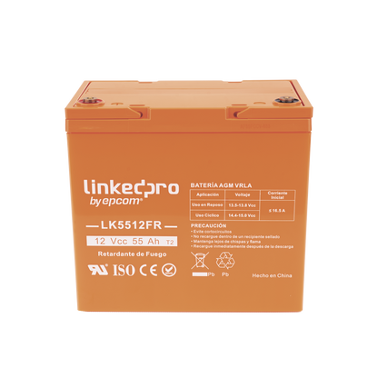 Batería de respaldo  12 V | 55 Ah | AGM | Certificada UL94-V0 Retardante a la Flama | Especial para Seguridad Electrónica | UPS  | Sistemas de emergencia | Vida útil 5 años | Terminales T2
