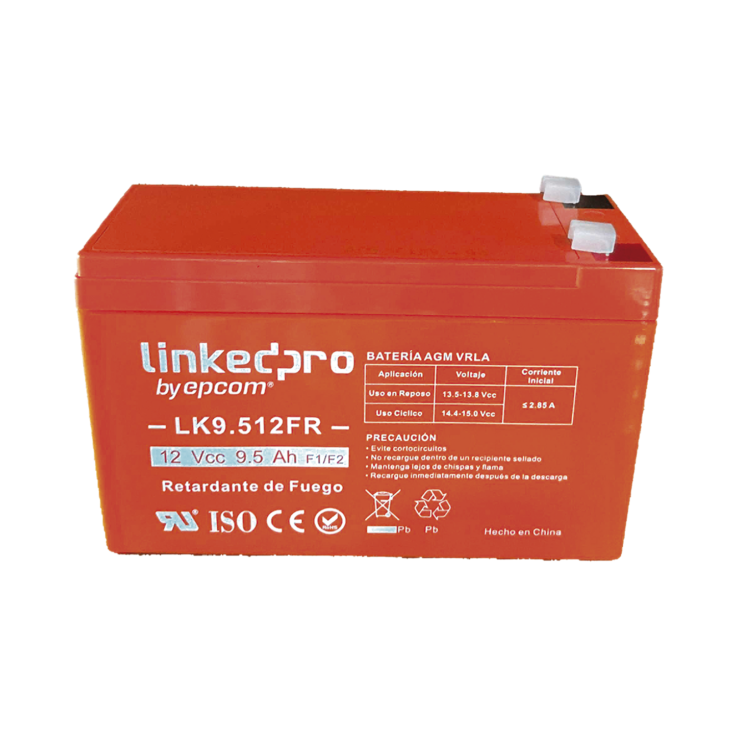 Batería de respaldo 12 V |  9.5 Ah | AGM | Certificada UL94-V0 Retardante a la Flama  | Especial para Seguridad Electrónica | UPS  | Sistemas de Emergencia  | Vida útil 5 años | Terminales F1  + Adaptador F2