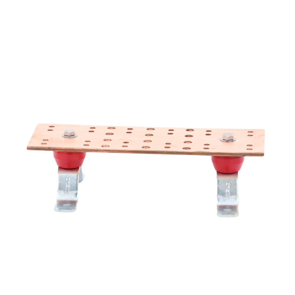 Barra Unión Telecom TMGB / 12 x 4 x 1/4 in / 100% Cobre / 12+24 Orificios / Aisladores Rojos / J-STD-607-A