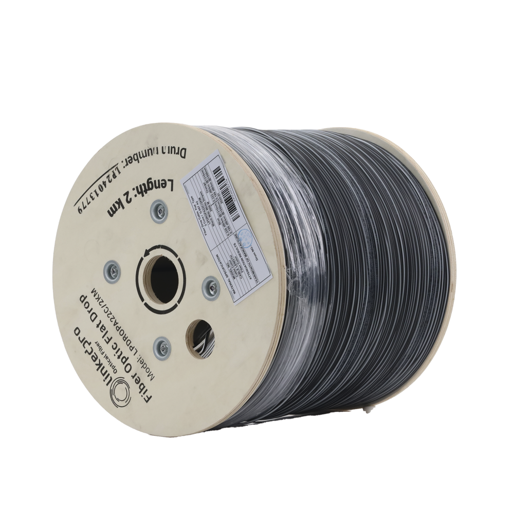 Carrete de 2 km de Fibra Óptica Drop Plana, Interior/Exterior G.657A2 Monomodo de 2 Hilos (Bifibra), Dieléctrica, Forro Negro, (No Soporta Conectores Mecánicos)