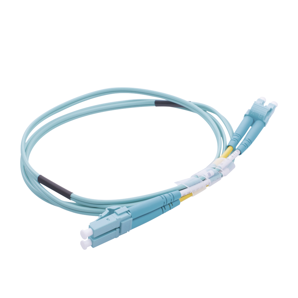 Jumper de Fibra Óptica Multimodo OM4 50/125 LC-LC OFNR (Riser), 2.0 mm, Dúplex, Aqua, 1 metro (3.28 pies)