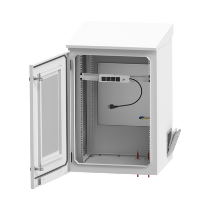 Gabinete de Exterior con Rack de 19" de 16U con Ventiladores y Termostato, Se envía el Gabinete Armado. (Montaje a poste o torre se vende por separado).