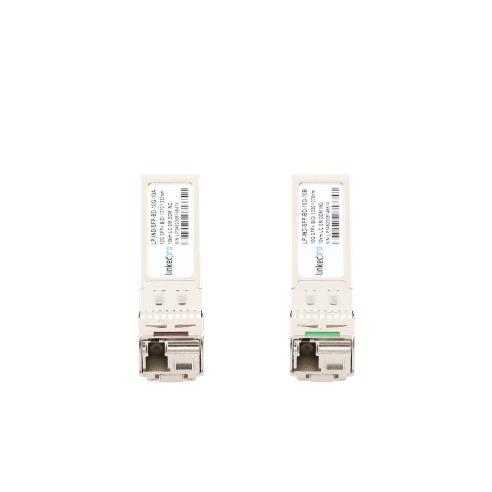 Transceptores Ópticos Industriales Bidireccionales SFP+ (Mini-Gbic) / Monomodo 1270 & 1330 nm / 10 Gbps / 10GBASE / Conector LC/UPC Simplex / DDM / Hasta 10 km / 2 Piezas