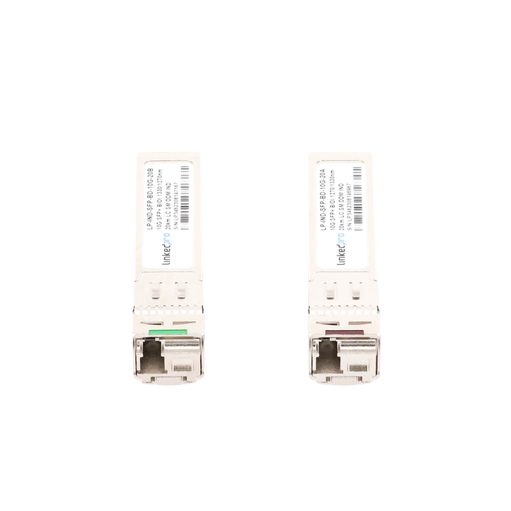 Transceptores Ópticos Industriales Bidireccionales SFP+ (Mini-Gbic) / Monomodo 1270 & 1330 nm / 10 Gbps / 10GBASE / Conector LC/UPC Simplex / DDM / Hasta 20 km / 2 Piezas
