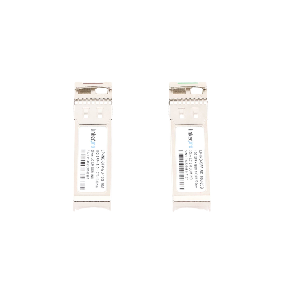 Transceptores Ópticos Industriales Bidireccionales SFP+ (Mini-Gbic) / Monomodo 1270 & 1330 nm / 10 Gbps / 10GBASE / Conector LC/UPC Simplex / DDM / Hasta 20 km / 2 Piezas