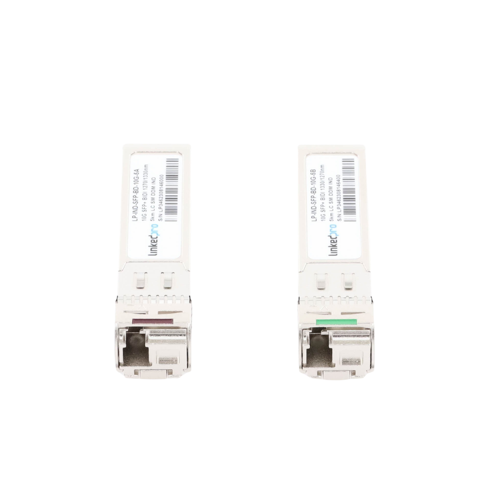 Transceptores Ópticos Industriales Bidireccionales SFP+ (Mini-Gbic) / Monomodo 1270 & 1330 nm / 10 Gbps / 10GBASE / Conector LC/UPC Simplex / DDM / Hasta 5 km / 2 Piezas
