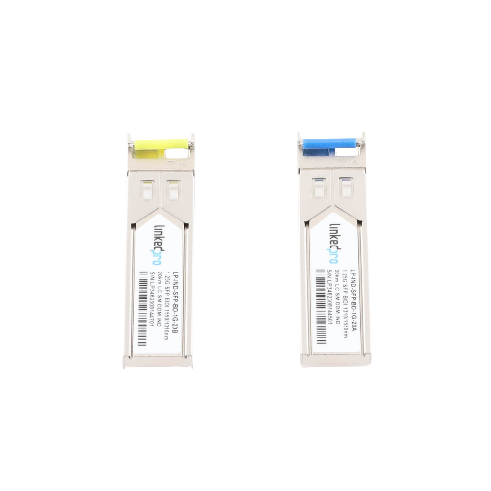 Transceptores Ópticos Industriales Bidireccionales SFP (Mini-Gbic) / Monomodo 1310 & 1550 nm / 1.25 Gbps / 1000BASE-BX / Conector LC/UPC Simplex / DDM / Hasta 20 km / 2 Piezas