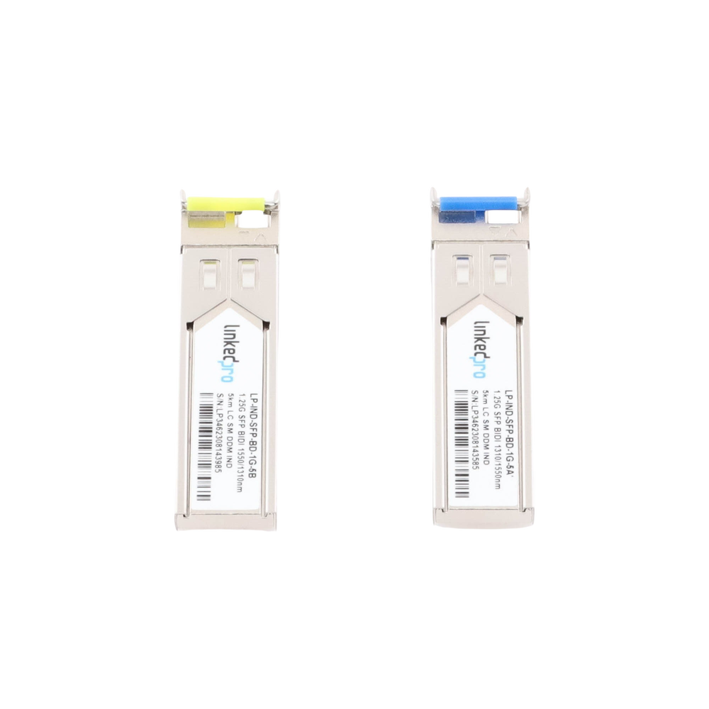 Transceptores Ópticos Industriales Bidireccionales SFP (Mini-Gbic) / Monomodo 1310 & 1550 nm / 1.25 Gbps / 1000BASE-BX / Conector LC/UPC Simplex / DDM / Hasta 5 km / 2 Piezas